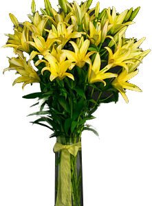 Vase with 10 Stems of Yellow Lilies