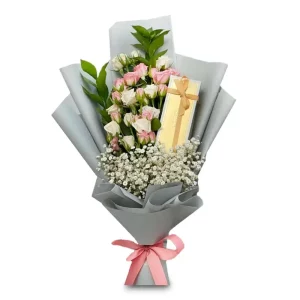 12 white and pink roses with bostani chocolates